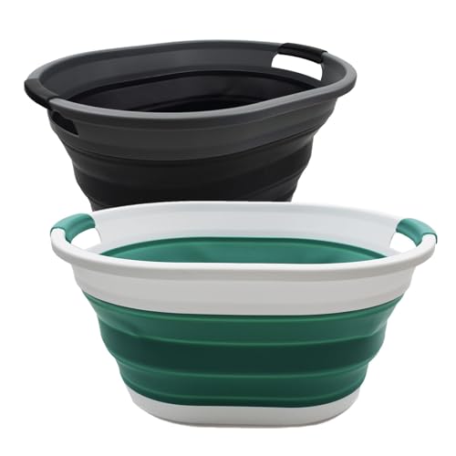SAMMART 32L (8.4 gallon) Collapsible Plastic Laundry Basket - Foldable Pop Up Storage Container/Organizer - Portable Washing Tub - Space Saving Hamper, Water Capacity: 24L (2, Black+Dark Green) - color: Black+Dark Green