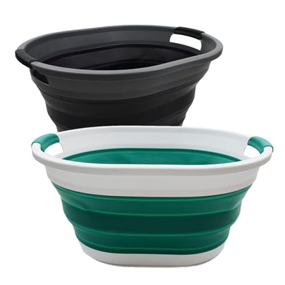 SAMMART 32L (8.4 gallon) Collapsible Plastic Laundry Basket - Foldable Pop Up Storage Container/Organizer - Portable Washing Tub - Space Saving Hamper, Water Capacity: 24L (2, Black+Dark Green) - color: Black+Dark Green