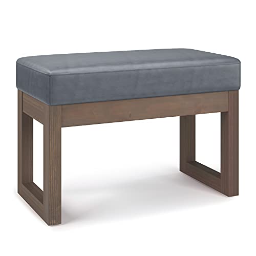 SIMPLIHOME Milltown 27" Wide Vegan Leather Rectangle Ottoman in Grey | Stone grey, contemporary ottoman, footstool or footrest with a cushioned seat for extra seating in your bedroom or entryway. - color: Stone Grey, style: Small Ottoman Bench