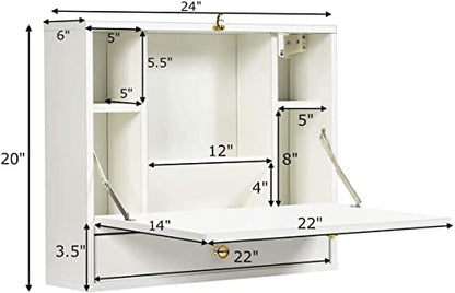 GRAFFY Wall Mounted Table, Multifunctional Folding Hanging Storage Cabinet, Space Saving Computer Desk w/Storage Drawer and Shelves, Wall Mount Laptop Desk for Home Office (White)