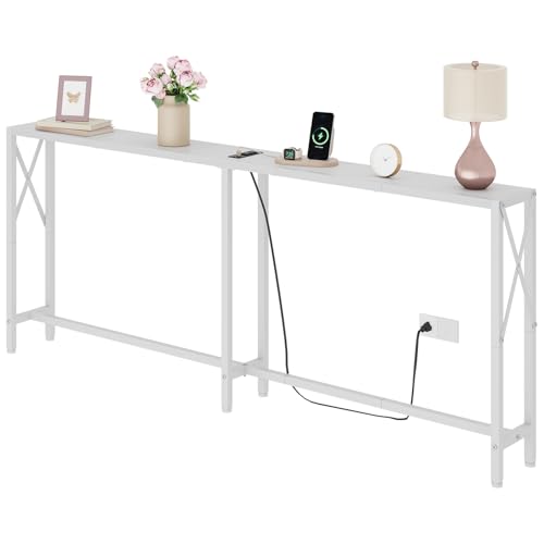 Gewudraw 70" Sofa Table Behind Couch with Socket-Narrow Console Table,White | Industrial Style, Long Skinny Design,Couch Table For Hallway,Living Room,Bedroom, Built-In Power Outlets & USB, 172cm Length - color: White, size: 70 in