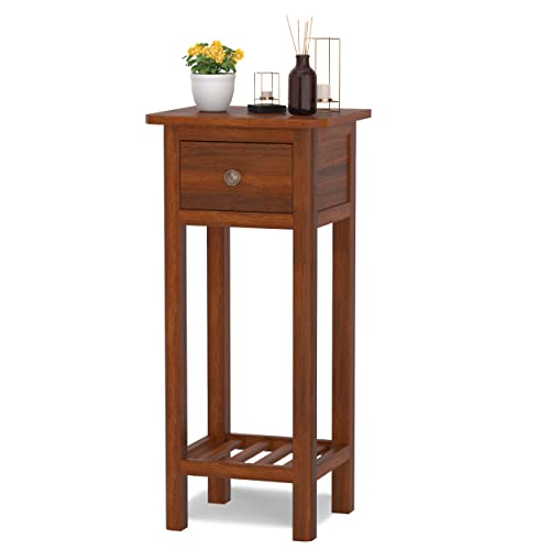 Narrow Side Table, Tall Night Stand with Drawer & Shelf, Vertical Bedside Table w/Anti-Tipping Device, No Assembly, Wooden End Table for Living Room, Bedroom, Dorm - color: Brown