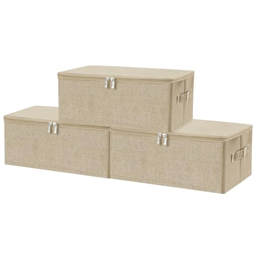 ANMINY Fabric Storage Bins with Zipper Lids, 15"x10"x6", Beige, 3 PCS | 15.6Qt Cotton Linen Storage Box, PP Board Frame, Washable Collapsible, with Handles & 3-side Open Lid, Stackable, Small - color: Beige, size: Small (Pack of 3)
