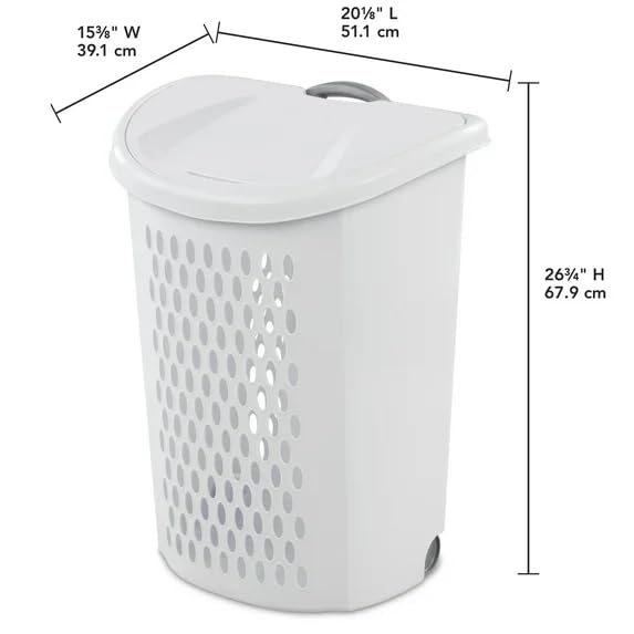 Wheeled Plastic Laundry Hamper,Adult-Sized White Rolling Basket, Large Capacity, Easy-Clean for Home/Laundry Room/Dorms