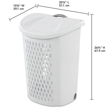 Wheeled Plastic Laundry Hamper,Adult-Sized White Rolling Basket, Large Capacity, Easy-Clean for Home/Laundry Room/Dorms