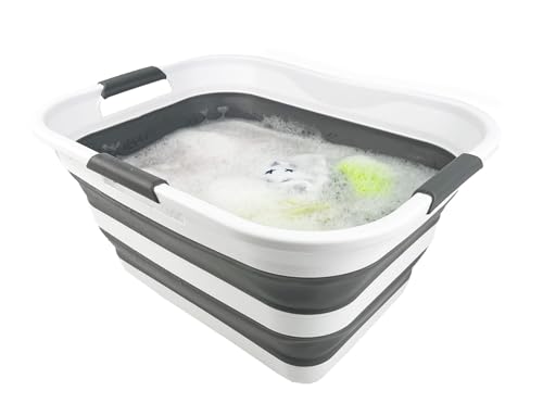 SAMMART Collapsible Plastic Laundry Basket Washing Tub Foldable Pop Up Storage Container-Space Saving/Portable Laundry Hamper. Ideal for Home, Travel, Dorm, and Camping (White/Steel Grey, 30L) - color: White/Steel Grey, size: 30L