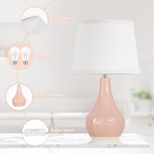19.4" Modern Pink Lamps Set of 2, Ceramic Bedside lamps for Night Stands | Rocker Swtich, Pink Lamp for Girls Room, Bedroom Table Lamp for Living Room, Side Table, End Table, Gift - color: B. Pink
