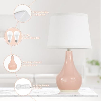 19.4" Modern Pink Lamps Set of 2, Ceramic Bedside lamps for Night Stands | Rocker Swtich, Pink Lamp for Girls Room, Bedroom Table Lamp for Living Room, Side Table, End Table, Gift - color: B. Pink