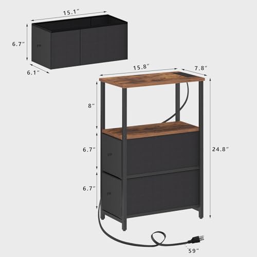 TUTOTAK Narrow LED End Table with Charging Station, Skinny Side Table | Bedside Table with Outlets, Nightstand with 2 Cloth Drawers, Couch Table for Living Room, Bedroom, Brown and Black TB01BB056K - color: Brown and Black, style: 2 Drawers with Plug & Li