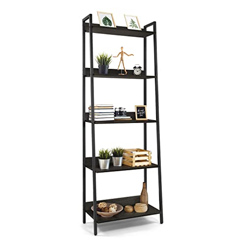 CAPHAUS 5 Tier Ladder Bookshelf, 24 Inch Width Free Standing Shelf, Bookcase Shelf Storage Rack Organizer, Industrial Book Shelves for Home Office, Living Room, Kitchen, Black Wooden Shelves - color: Black, size: 5-Tier