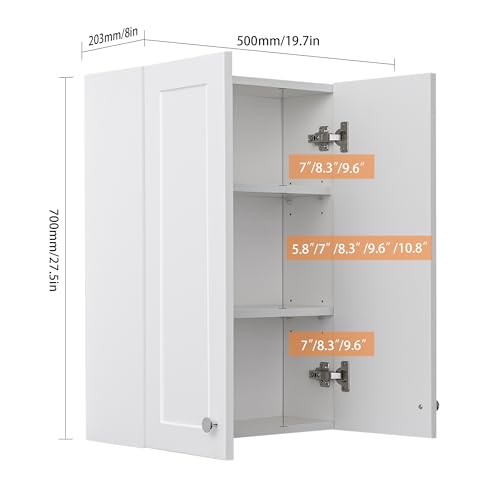 VANIRROR White Wall Mount Cabinet, MDF Over the Toilet Storage Cabinet | Medicine Cabinet with Adjustable Shelves, Space Saver 2 Door for Bathroom Laundry Kitchen,19x 27 inch - color: White-1927, size: 19x27