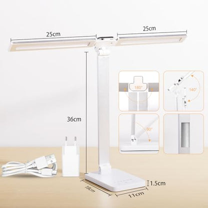 LED Desk Lamp, Dual Head Desk Light, 5 Levels Dimmable & 3 Color Modes Eye-Caring Table Light with USB Charging Port, Table Lamp for Reading, Studying, Home Office,White - color: White1