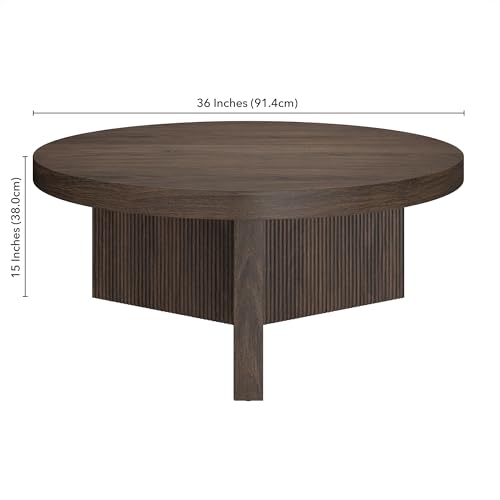 Henn&Hart 36" Scandinavian Fluted Coffee Table, Rich Brown | Ribbed pedestal base and low profile bring Scandinavian style to small spaces including living rooms or family rooms - color: Rich Brown, size: 36 inches