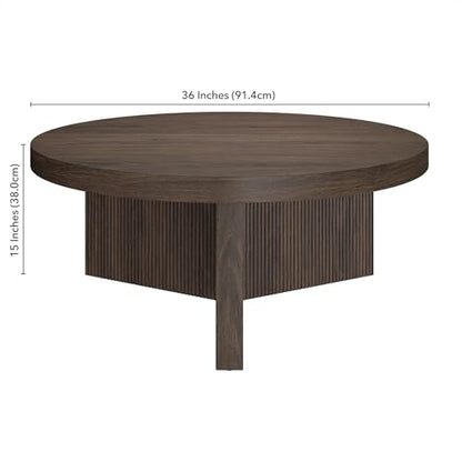 Henn&Hart 36" Scandinavian Fluted Coffee Table, Rich Brown | Ribbed pedestal base and low profile bring Scandinavian style to small spaces including living rooms or family rooms - color: Rich Brown, size: 36 inches
