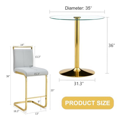 3-Piece Round Bar Table Set,Counter Height Dining Table Set,35" Tempered Glass Pub Table and Light Grey Chairs,Round Gold bar Table Set for 2 for Small Spaces,Bistro,Kitchen,Cafe(36" H - color: Gold&light Grey