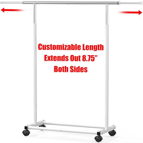 Simple Houseware Standard Rod Garment Clothing Rack, White | Single Rail, Extendable Width from 30 to 47 Inches, Rolling Clothing Organizer for Bedroom, Laundry, Living Room - color: White