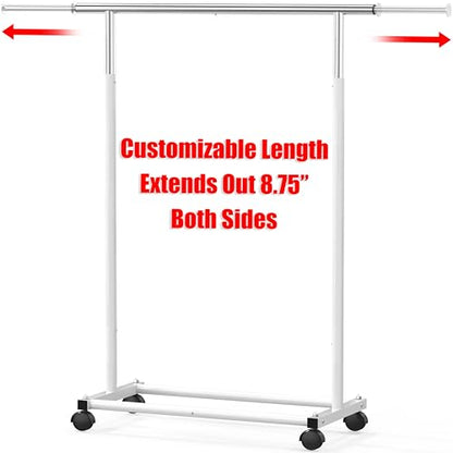 Simple Houseware Standard Rod Garment Clothing Rack, White | Single Rail, Extendable Width from 30 to 47 Inches, Rolling Clothing Organizer for Bedroom, Laundry, Living Room - color: White