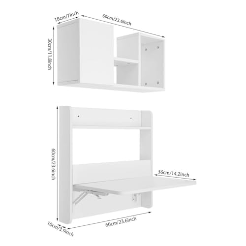 Wall Mounted Folding Desk, Solid Wood Floating Laptop Desk with Wall Mounted Bookshelf for Living Room Coffee Shop Apartments, 88lbs Table Load-Bearing (White) - color: White