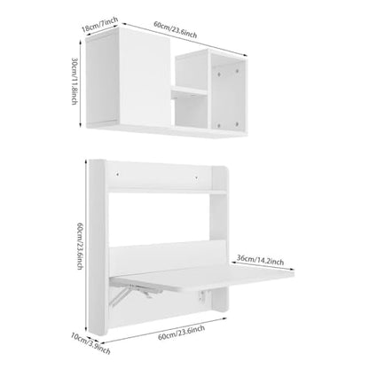 Wall Mounted Folding Desk, Solid Wood Floating Laptop Desk with Wall Mounted Bookshelf for Living Room Coffee Shop Apartments, 88lbs Table Load-Bearing (White) - color: White