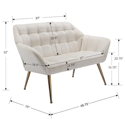 48" Small Loveseat for Small Spaces, Modern Sherpa Mini Sofa Couch 2-Seater Velvet Love Seat with Quilting Back and Gold Legs for Living Room/Bedroom, Cream - color: Cream
