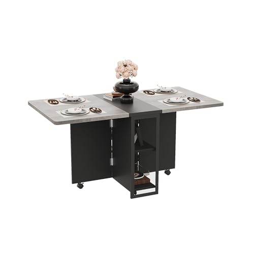 Premium Folding Dining Table - Space-Saving Drop Leaf Design with 6 Wheels & 2-Tier Storage - Expandable Kitchen & Dining Room Table in Grey