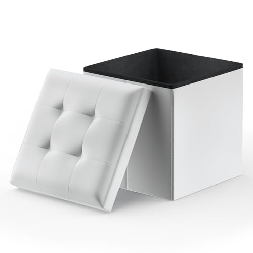 15 Inch Storage Ottoman Cube, 11 Gal. Folding Ottoman Foot Rest Stool, PU Leather Small Footrest with Storage for Living Room, Bedroom, Entryway, Hallway, White - color: White, size: 15"D x 15"W x 15"H