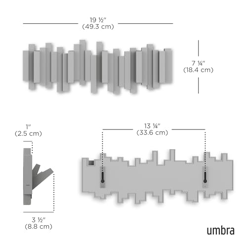 Umbra Sticks Wall Mount Coat Rack, 5 Hook Retractable Pegs, Grey | Mounting hardware included, sculptural modern design, entryway or bedroom use, recycled plastic - color: Gray, size: 5-Hook