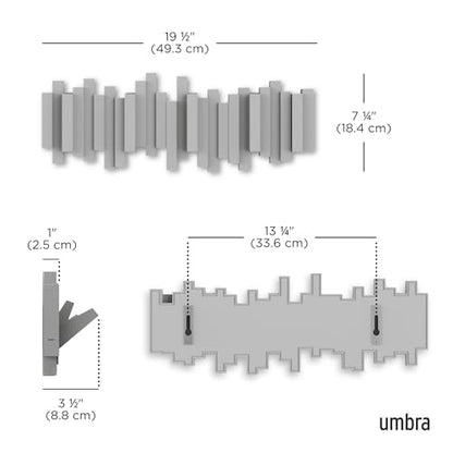 Umbra Sticks Wall Mount Coat Rack, 5 Hook Retractable Pegs, Grey | Mounting hardware included, sculptural modern design, entryway or bedroom use, recycled plastic - color: Gray, size: 5-Hook