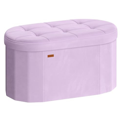 SONGMICS MINOTA Collection - Folding Ottoman with Storage, Oval Storage Ottoman Bench, for Living Room, Bedroom, Velvet Fabric, 15 x 29.9 x 15 Inches, Hibiscus Purple ULSF267PE01 - color: Hibiscus Purple, size: 15"D x 30"W x 15"H, style: Oval