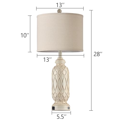28" Table Lamps for Living Room Set of 2, Farmhouse Lamps for Bedroom with USB Ports, 3-Way Dimmable Nightstand Table Lamp (Bulbs Included) - color: 2.Beige