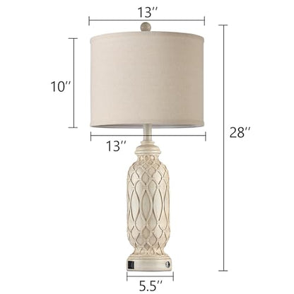 28" Table Lamps for Living Room Set of 2, Farmhouse Lamps for Bedroom with USB Ports, 3-Way Dimmable Nightstand Table Lamp (Bulbs Included) - color: 2.Beige