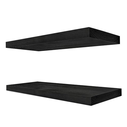 Sorbus 16" Solid Wood Floating Shelves - Set of 2 Black Wall Mounted Kitchen Shelves - Durable Pine Wood - color: Black, size: 16"