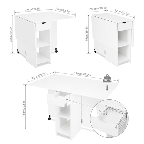 Mondeer Folding Dining Table with Drawer and Shelves, White | Drop Leaf Kitchen Table with 1 Drawer and 2 Storage Shelves in Modern Style for Small Spaces and Seats 4-6 People. - color: White