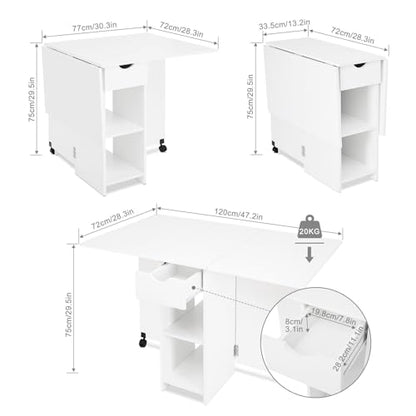 Mondeer Folding Dining Table with Drawer and Shelves, White | Drop Leaf Kitchen Table with 1 Drawer and 2 Storage Shelves in Modern Style for Small Spaces and Seats 4-6 People. - color: White