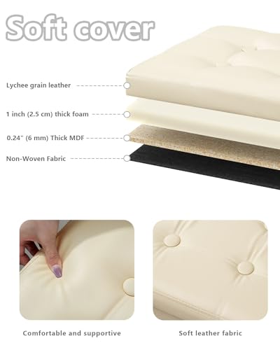 Bsketa Storage Ottoman, Folding Foot Stool with Thicker Foam Padded Seat Small Leather Storage Ottoman Bench Foot Rest for Living Room Foldable Coffee Table 17x13x13in,Beige | Ottoman with Storage, Thicker Foam Padded Seat, Living Room, Dorm, Bedroom, Loa