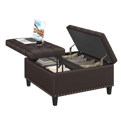 FiveWillowise 31.5 Inch Large Square Ottoman with Storage,Faux Leather | Coffee Table Storage Ottoman Bench with Lift Top Upholstered Footrest Stool Toy Box for Bedroom Living Room,Chocolate - color: Chocolate