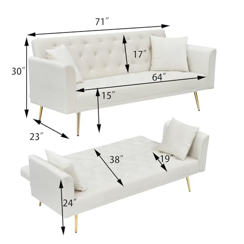71" Modern Velvet Sofa Bed Futon, Convertible Sleeper Couch, Adj. Backrest | Tufted Recliner Loveseat Design with Golden Chrome Legs & 2 Pillows, Perfect for Small Spaces, Living Room, Apartment - color: Beige