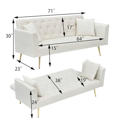 71" Modern Velvet Sofa Bed Futon, Convertible Sleeper Couch, Adj. Backrest | Tufted Recliner Loveseat Design with Golden Chrome Legs & 2 Pillows, Perfect for Small Spaces, Living Room, Apartment - color: Beige