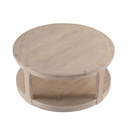 40" Round Coffee Table with Wheels, Circle 2 Tier Solid Wood Center Coffee Table, Mid Century Retro Farmhouse Rounded End Table for Living Room Apartment, ø40 x 17.52" H (Oak) - color: D-40" Oak