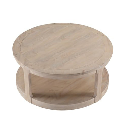 40" Round Coffee Table with Wheels, Circle 2 Tier Solid Wood Center Coffee Table, Mid Century Retro Farmhouse Rounded End Table for Living Room Apartment, ø40 x 17.52" H (Oak) - color: D-40" Oak