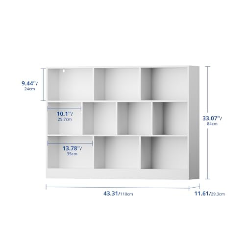 White Bookshelf, 3-Tier Open Shelf Bookcase, 10 Cube Storage Organizer with Anti-Tilt Device, Freestanding Horizontal Bookshelf Cube Shelf for Bedroom, Living Room - color: White, size: 43.31"W x 33.07"H