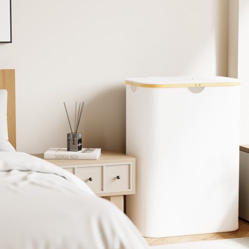 SpaceAid Double Laundry Hamper 2 Section with Lid and Removable Laundry Bags, 160L Clothes Basket with Bamboo Handles, Large Collapsible Hamper for Bedroom, Bathroom, Dorm, Laundry Room - White - color: White, size: 160 L