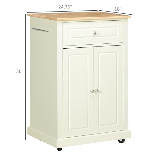 HOMCOM Rolling Kitchen Island Cart, Drawer & Adjustable Shelf, Cream White | Portable Serving Trolley Table, 2 Towel Racks - color: Cream White