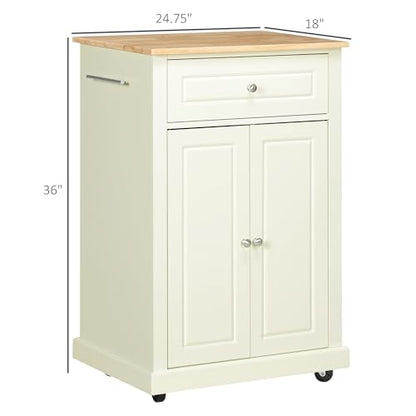 HOMCOM Rolling Kitchen Island Cart, Drawer & Adjustable Shelf, Cream White | Portable Serving Trolley Table, 2 Towel Racks - color: Cream White
