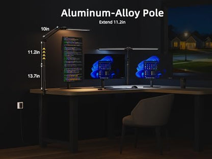 Ring Light with Stand, Sensor Switch Dual Light Head | Desk Lamps for Home Office 270° Rotatable & Extendable Aluminum Alloy Arm, Eye-Caring, 24W Dimmable Desk Light with Clamp