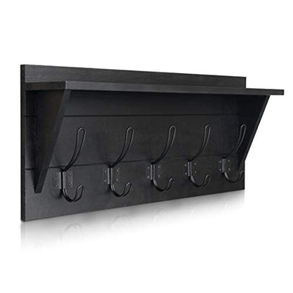 Wall Mounted Coat Rack Shelf, Rustic Wooden Country Style 24" Entryway Shelf with 5 Rustic Hooks featuring Solid Pine Wood. Perfect touch for your Entryway, Mudroom, Kitchen, Bathroom and More, Black - color: 3- Black