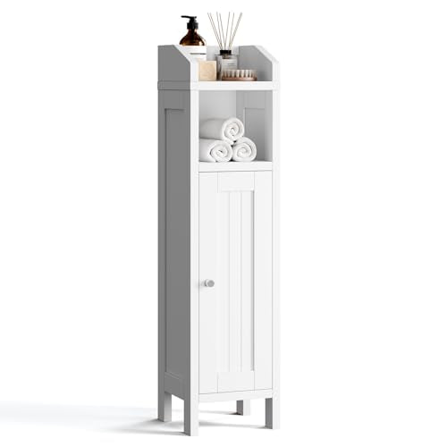 VINGLI Small Storage Corner Floor Cabinet, 7.9" Narrow Toilet Paper Storage Holder with Fluted Door, Skinny Freestanding Organizer for Small Spaces, Slim Bathroom Storage Cabinet, White - color: White Ⅰ, size: 1-Door