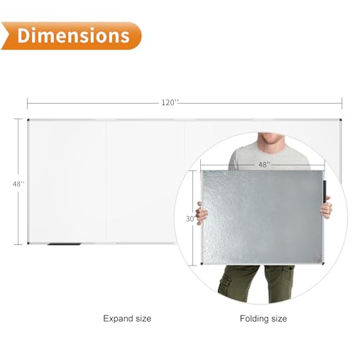 VIZ-PRO Large Magnetic Dry Erase Whiteboard, 120 x 48 Inches, Foldable | Silver Aluminum Frame, 10' x 4' Wall-Mounted White Board with Marker Tray for School Office and Home - size: 120"W x 48"H