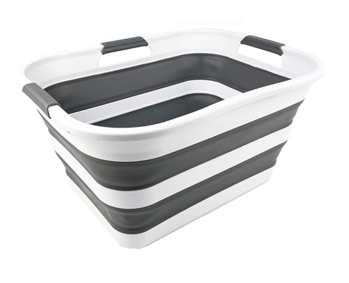 SAMMART 30L (8 gallons) Collapsible Plastic Laundry Washing Tub/Basket - Portable Laundry Hamper/Storage Container Foldable Laundry Basket - Space Saving (White/Steel Grey) - color: White/Steel Grey, size: 20 x 15.2 x 10 inches