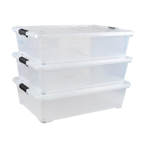 3 Packs 50 Quart Plastic Under Bed Storage Container Bins with Wheels, Large Clear Stackable Organizer Boxes with Lids - size: 50 Quart